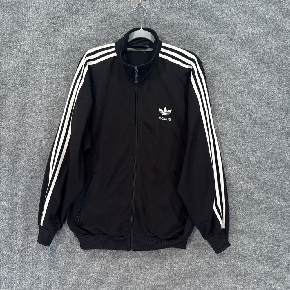 Adidas Track Jacket Mens Medium Black White Trefoil Three Stripe Full Zip Active